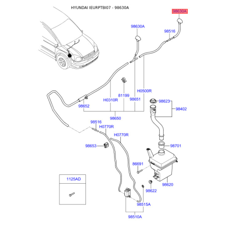 Форсунка (розпилювач) омивача вітрового скла 98630-1C510 Mobis - 986301C510 - схема з каталогу 98630A, IEURPTBI07 986301C510