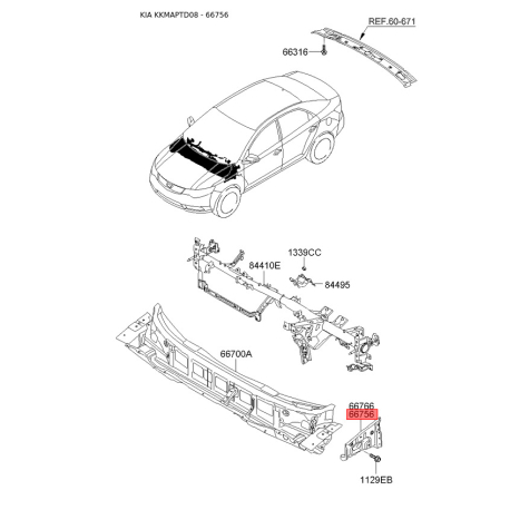 Щит моторный левый верхний 66756-1M010 Mobis - 667561M010 - схема с каталога 66756, KKMAPTD08 667561M010