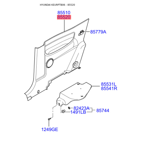 Оббивка (накладка) салону права 85520-1C510WK Mobis - 855201C510WK - схема з каталогу 85520, KEURPTB06 855201C510WK