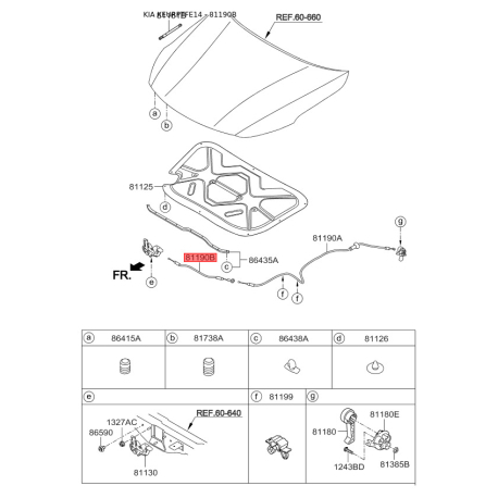 Тросик замка капота 81190-2T100 Mobis - 811902T100 - схема с каталога 81190B, KEURPTFE14 811902T100