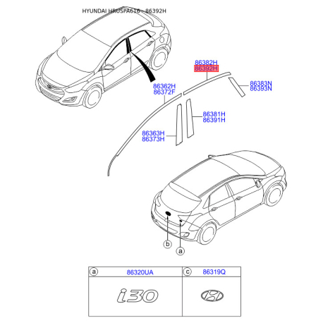 Облицовка / защитная накладка, боковина правая верхняя 86392-A5000 Mobis - 86392A5000 - схема с каталога 86392H, HRUSPA616 86392A5000