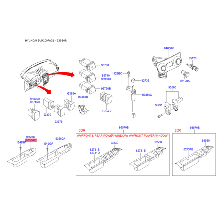 Блок кнопок стеклоподъёмника правый 93580-1C020BJ Mobis - 935801C020BJ - схема с каталога 93580R, EUR1C0PA02 935801C020BJ