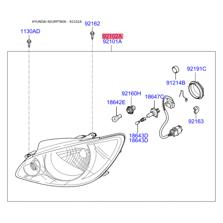 Фара основная правая 92102-1C515 Mobis - 921021C515 - схема с каталога 92102A, KEURPTB06 921021C515