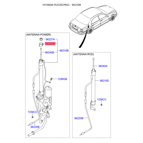Антенна 96216-39000 Mobis - 9621639000 - схема с каталога 96250B, RUS381PA02 9621639000