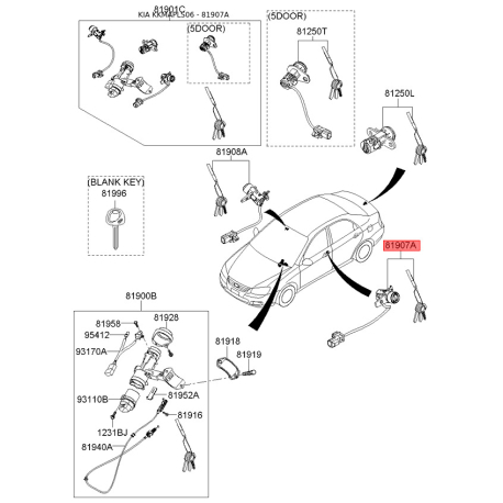 Замок двери левый 81970-2FD00 Mobis - 819702FD00 - схема с каталога 81907A, KKMAPLS06 819702FD00
