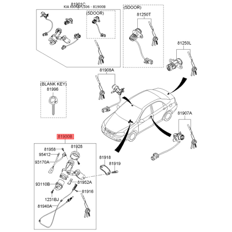 Замок (циліндр) запалювання з ключами 81900-2FF00 Mobis - 819002FF00 - схема з каталогу 81900B, KKMAPLS06 819002FF00