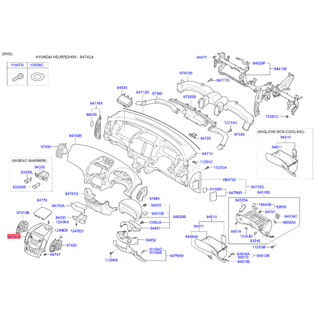 Накладка панелі приладів (торпеди) 84741-2R100G2 Mobis - 847412R100G2 - схема з каталогу 84741A, HEURPJDH09 847412R100G2
