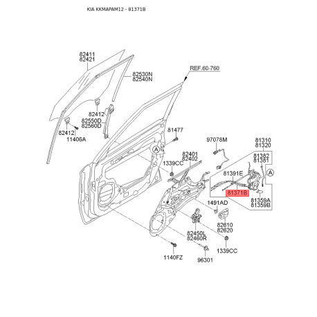 Проводка (жгут, коса) двери 81371-2K000 Mobis - 813712K000 - схема с каталога 81371B, KKMAPAM12 813712K000