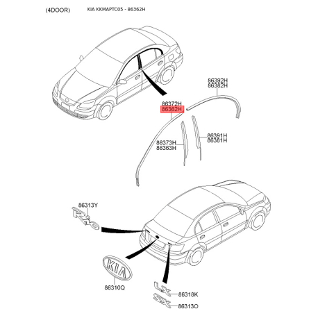 Облицовка / защитная накладка, боковина левая верхняя 86362-1G001 Mobis - 863621G001 - схема с каталога 86362H, KKMAPTC05 863621G001