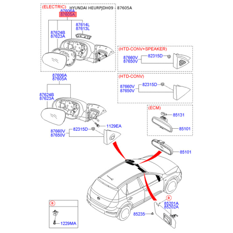 Дзеркало зовнішнє заднє ліве 87610-2R230 Mobis - 876102R230 - схема з каталогу 87605A, HEURPJDH09 876102R230