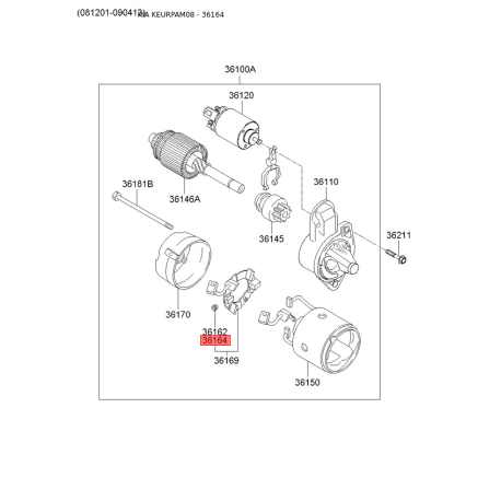 Вугільна щітка, стартер 36164-32510 Mobis - 3616432510 - схема з каталогу 36164, KEURPAM08 3616432510