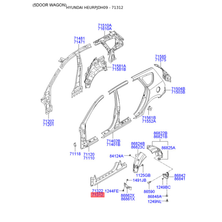Поріг підлоги (кузов) лівий 71312-2LA20 Mobis - 713122LA20 - схема з каталогу 71312, HEURPJDH09 713122LA20