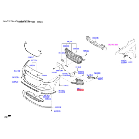 Корпус, противотуманная фара правый 86564-F2500 Mobis - 86564F2500 - схема с каталога 86524J, KHMAPF216 86564F2500