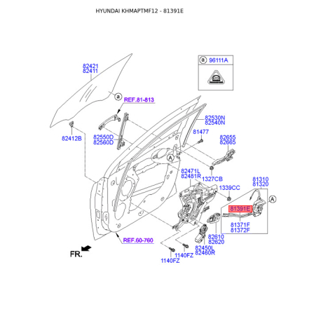 Трос, замок дверей 81391-2S000 Mobis - 813912S000 - схема з каталогу 81391E, KHMAPTMF12 813912S000