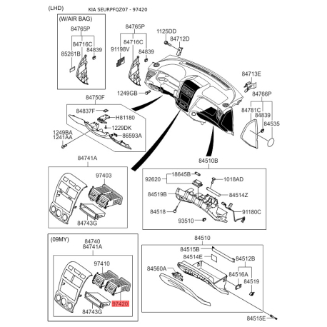 Решітка панелі приладів (торпеди) права 97420-1F500 Mobis - 974201F500 - схема з каталогу 97420, SEURPFQZ07 974201F500