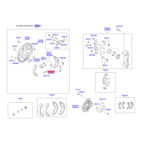 Пружина стяжна нижня колодок стоянкового гальма 58344-1C000 Mobis - 583441C000 - схема з каталогу 58344D, IEURPTBI07 583441C000
