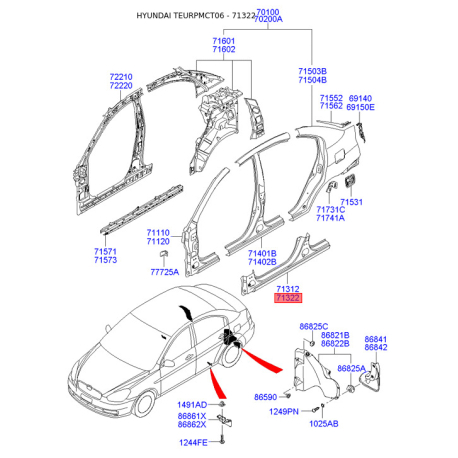 Порог пола (кузов) правый 71322-1ED10 Mobis - 713221ED10 - схема с каталога 71322, TEURPMCT06 713221ED10