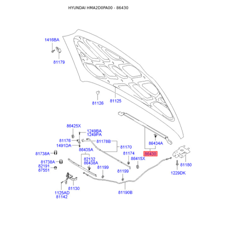 Шумоізоляція (теплоізоляція) капота 86430-2D000 Mobis - 864302D000 - схема з каталогу 86430, HMA2D0PA00 864302D000
