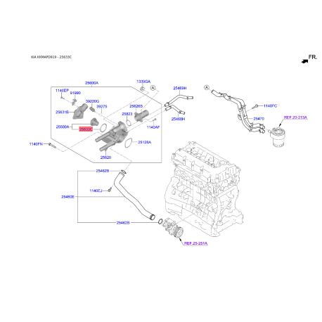 Прокладка, корпус термостата 25642-2GGA0 Mobis - 256422GGA0 - схема с каталога 25633C, KKMAPD919 256422GGA0