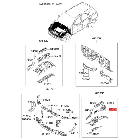 Бризговик передній без лонжерона лівий нижній 64553-3E300 Mobis - 645533E300 - схема з каталогу 64553, KKMAPBL06 645533E300