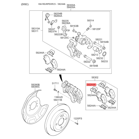 Монтажный комплект тормозных колодок (дисковый тормоз) 58244-3Q100 Mobis - 582443Q100 - схема с каталога 58244A, REURPDXR15 582443Q100