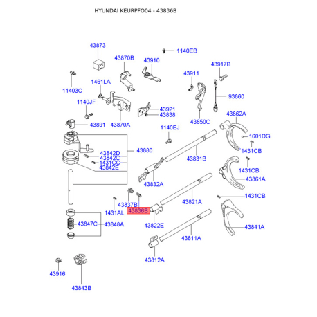 Пружина растяжения, рычаг переключения передач 43836-3A000 Mobis - 438363A000 - схема с каталога 43836B, KEURPFO04 438363A000
