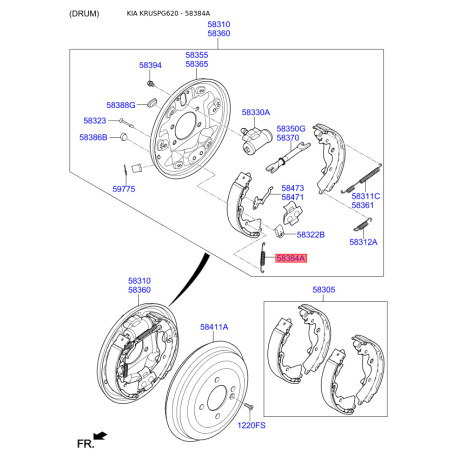 Пружина стяжная нижняя колодок стояночного тормоза 58384-1G000 Mobis - 583841G000 - схема с каталога 58384A, KRUSPG620 583841G000