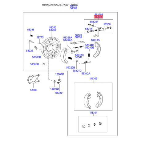 Цилиндр тормозной задний правый 58380-02000 Mobis - 5838002000 - схема с каталога 58380, RUS251PA00 5838002000