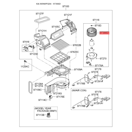 Електродвигун, вентиляція салону 97118-2F000 Mobis - 971182F000 - схема з каталогу 97366D, KKMAPFQ04 971182F000