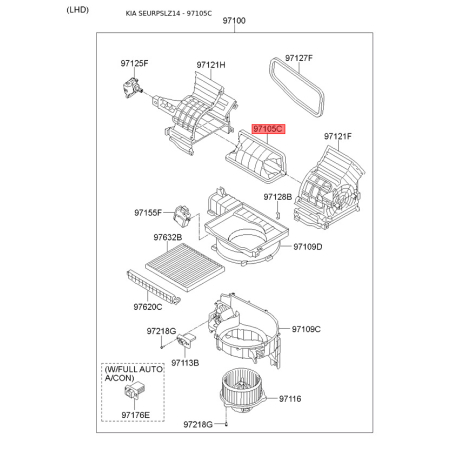 Кришка (корпус або кронштейн) обігрівача 97122-2Y000 Mobis - 971222Y000 - схема з каталогу 97105C, SEURPSLZ14 971222Y000