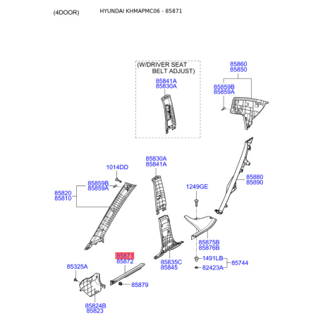 Оббивка (накладка) салону ліва 85871-1E500WK Mobis - 858711E500WK - схема з каталогу 85871, KHMAPMC06 858711E500WK