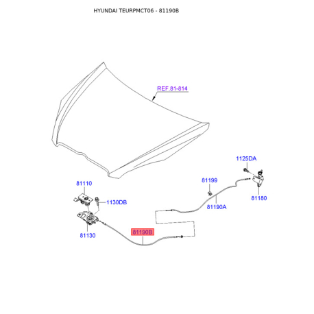 Тросик замка капота 81190-1E100 Mobis - 811901E100 - схема с каталога 81190B, TEURPMCT06 811901E100