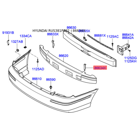 Кронштейн, буфер правый верхний 86634-3D000 Mobis - 866343D000 - схема с каталога 86634X, RUS381PA02 866343D000