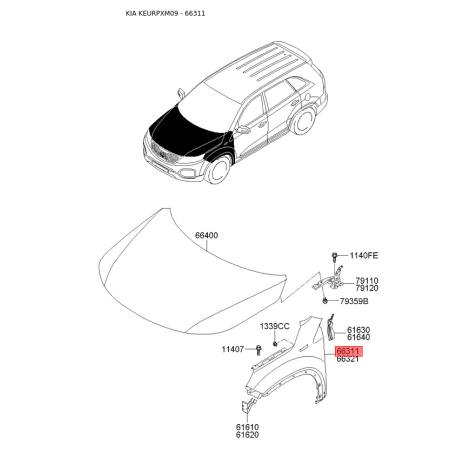 Крило ліве 66311-2P011 Mobis - 663112P011 - схема з каталогу 66311, KEURPXM09 663112P011