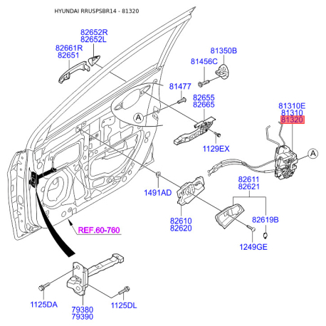 Замок двери правый 81320-4L020 Mobis - 813204L020 - схема с каталога 81320, RRUSPSBR14 813204L020