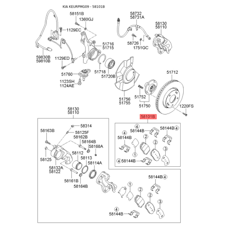 Колодки гальмівні дискові комплект 58101-3KA40 Mobis - 581013KA40 - схема з каталогу 58101B, KEURPMG09 581013KA40