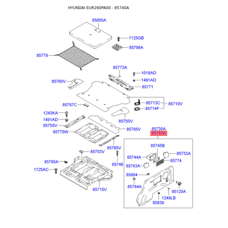 Оббивка багажника права 85740-26000SH Mobis - 8574026000SH - схема з каталогу 85740A, EUR260PA00 8574026000SH