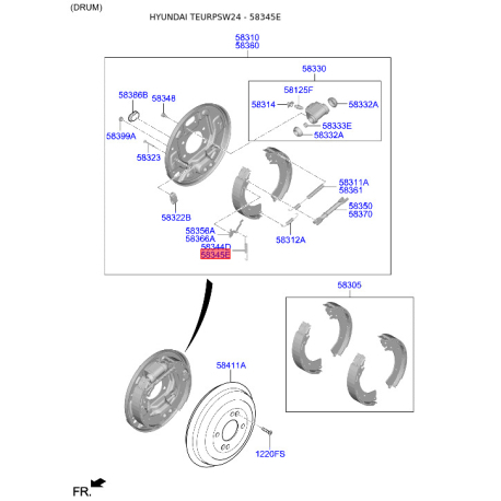 Пружина стяжна нижня колодок стоянкового гальма права 58345-25000 Mobis - 5834525000 - схема з каталогу 58345E, TEURPSW24 5834525000