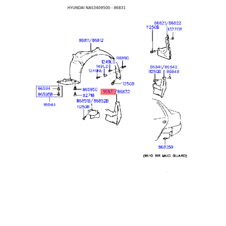 Бризговик передній лівий 86831-34000 Mobis - 8683134000 - схема з каталогу 86831, NAS3409500 8683134000