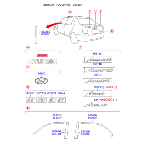 Эмблема задней и боковой двери, капота 86321-22000DT Mobis - 8632122000DT - схема с каталога 86300A, HMA250PA00 8632122000DT