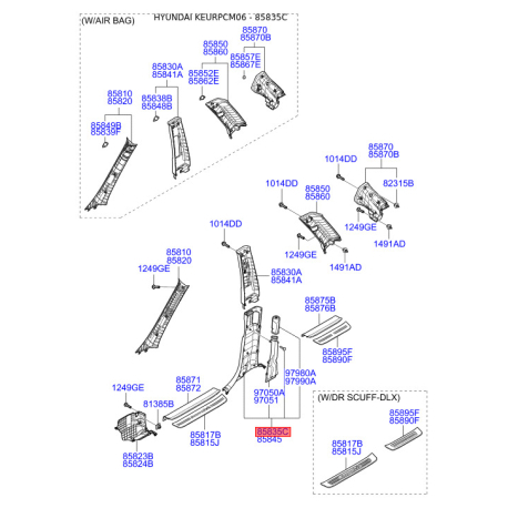 Оббивка (накладка) салону ліва нижня 85835-2B001WK Mobis - 858352B001WK - схема з каталогу 85835C, KEURPCM06 858352B001WK