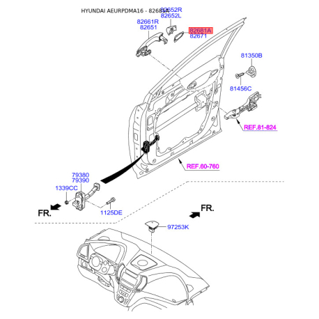 Кришка, ручка дверей права 82664-2W000 Mobis - 826642W000 - схема з каталогу 82681A, AEURPDMA16 826642W000