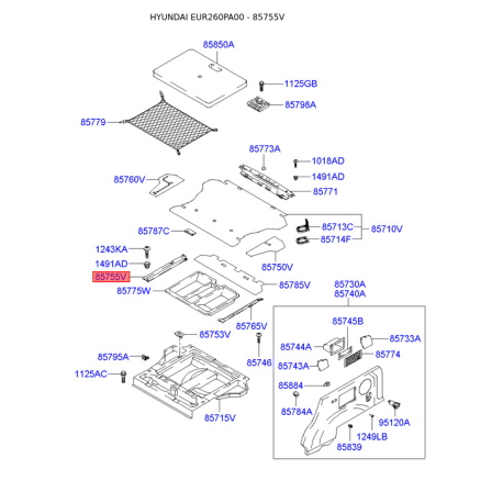 Обивка багажника левая 85755-26000 Mobis - 8575526000 - схема с каталога 85755V, EUR260PA00 8575526000