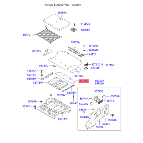 Обивка багажника передняя 85785-26000QE Mobis - 8578526000QE - схема с каталога 85785V, EUR260PA00 8578526000QE