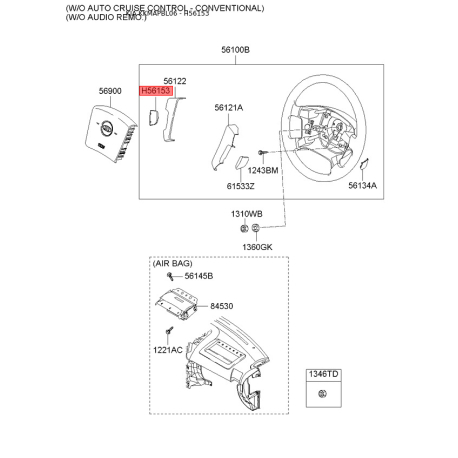 Кнопки руля с накладкой левая 56153-3E100CQ Mobis - 561533E100CQ - схема с каталога H56153, KKMAPBL06 561533E100CQ