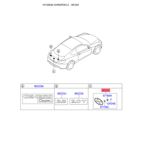 Эмблема задней и боковой двери, капота 86300-2B000 Mobis - 863002B000 - схема с каталога 86300, KHMAPDK12 863002B000