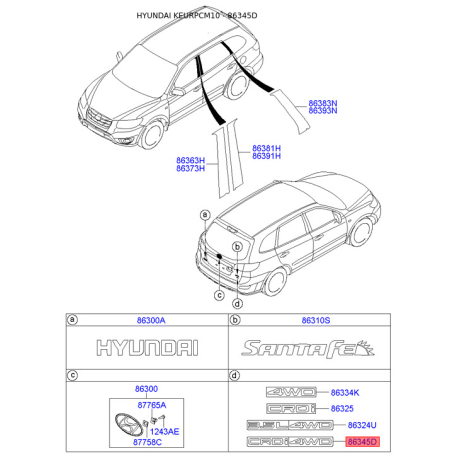 Эмблема задней и боковой двери, капота 86332-2B500 Mobis - 863322B500 - схема с каталога 86345D, KEURPCM10 863322B500