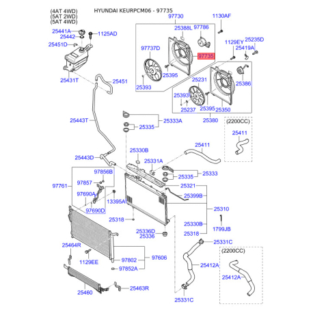 Вентилятор радиатора охлаждения 97735-2B200 Mobis - 977352B200 - схема с каталога 97735, KEURPCM06 977352B200