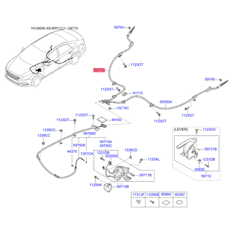 Трос стоянкової гальмівної системи правий 59770-C1100 Mobis - 59770C1100 - схема з каталогу 59770, KEURPC117 59770C1100