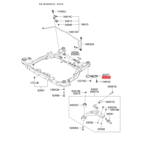 Кронштейн поперечної балки (підрамника) лівий 62476-2H000 Mobis - 624762H000 - схема з каталогу 62476, SEURPED10 624762H000